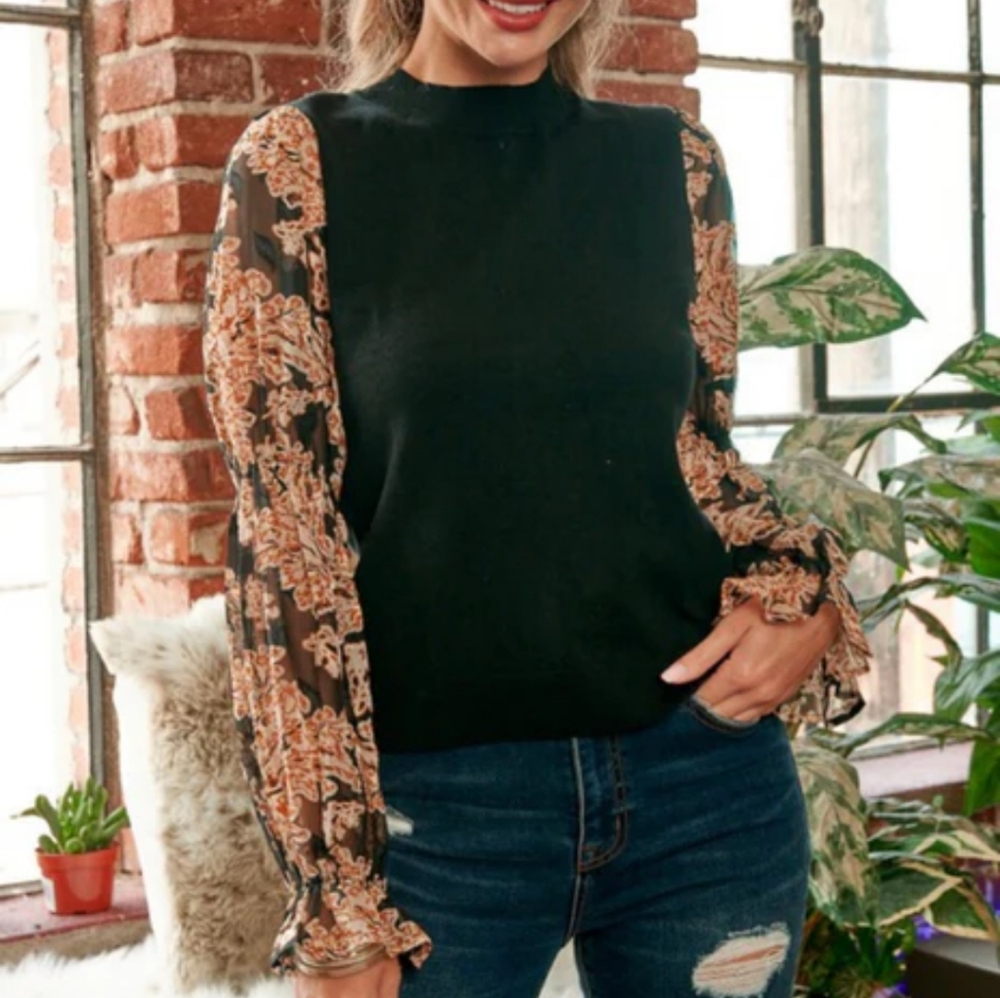 Hailey & Co Babette Black Sweater with Jacquard Organza Sleeves